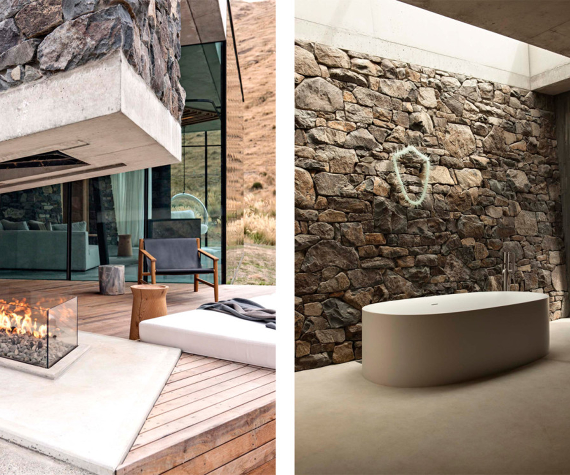 The deck features a chair by Cameron Foggo for Nonn (left). An artwork by Emily Siddell hangs above the bath (right).