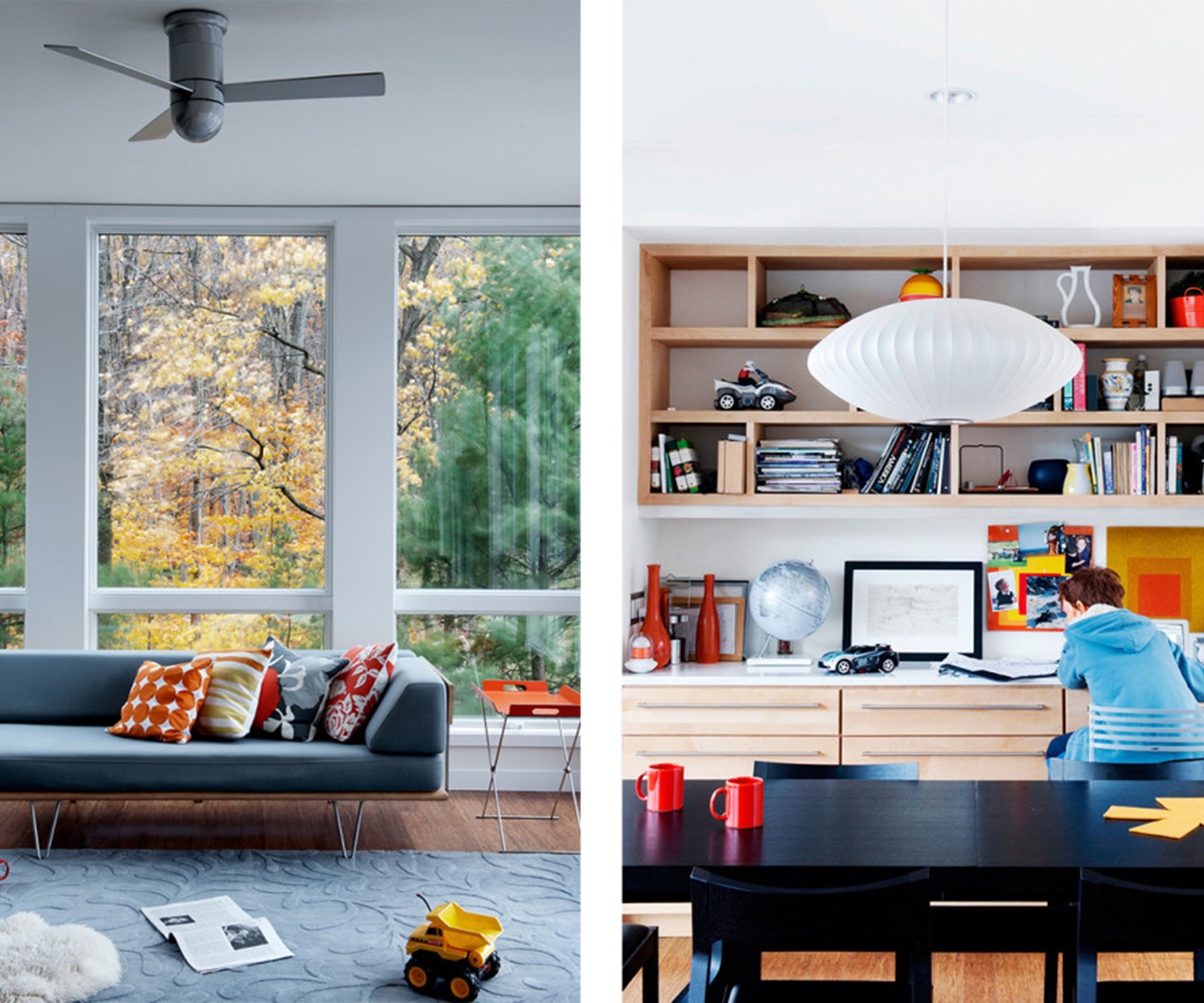 As well as echoing the vivid autumn colours, Gibbs uses the occasional pop of orange to liven the neutral greys that predominate in furnishings (left). The 'Bubble' pendant (right) by George Nelson sits above a 'Cross' extending table and 'Profile' chairs by Matthew Hilton for Case. 
