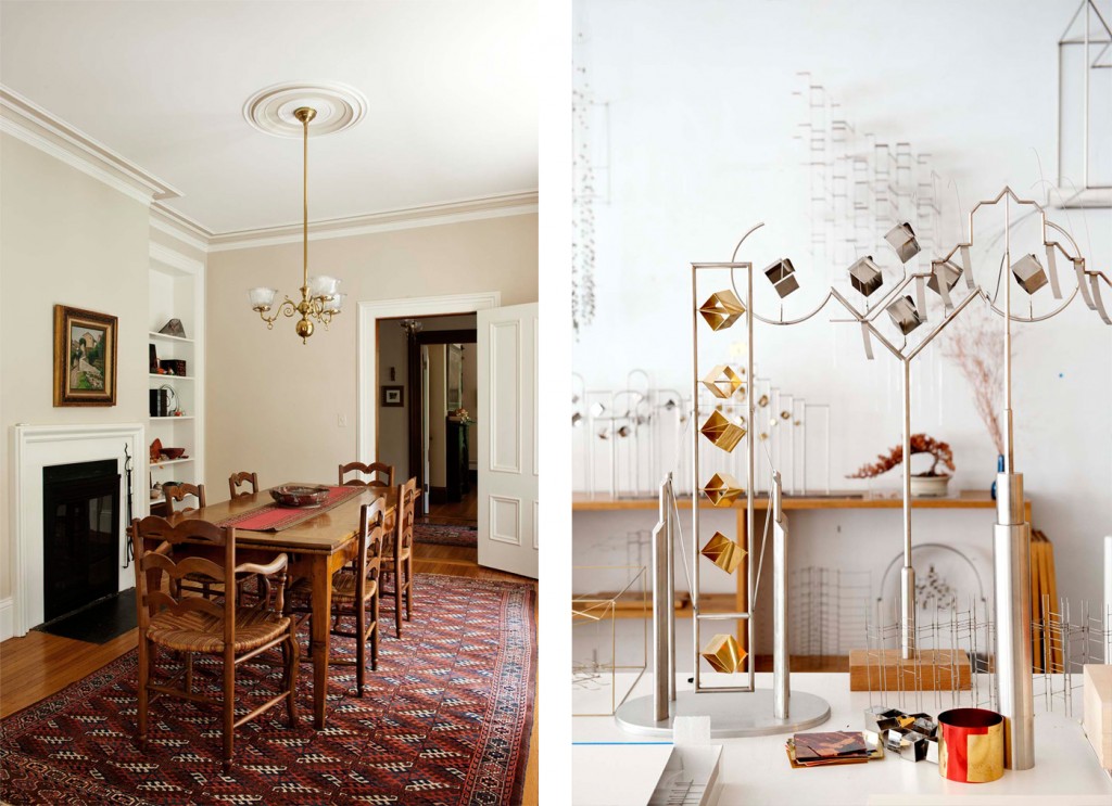 The Iharas' dining room (left) and a group of maquettes in the studio, including one at left for a 20-metre-tall kinetic piece now in place at Tokyo's City Hall. Photographs by Emily Andrews. 
