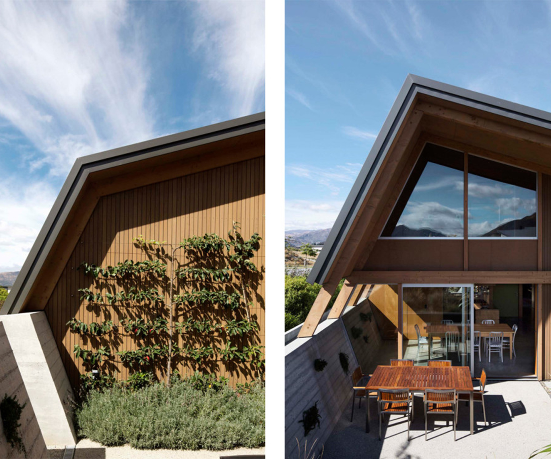An espaliered apple tree grows in the entry courtyard (left), while the dining room opens onto a second courtyard (right).