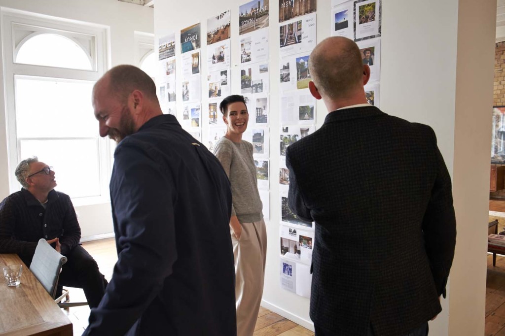 Karen Walker creative director Mikhail Gherman, HOME art director Arch MacDonnell, Karen Walker and HOME editor Jeremy Hansen at one of the design review sessions for our special 'Global Villages' issue. Photograph by Mark Smith. 
