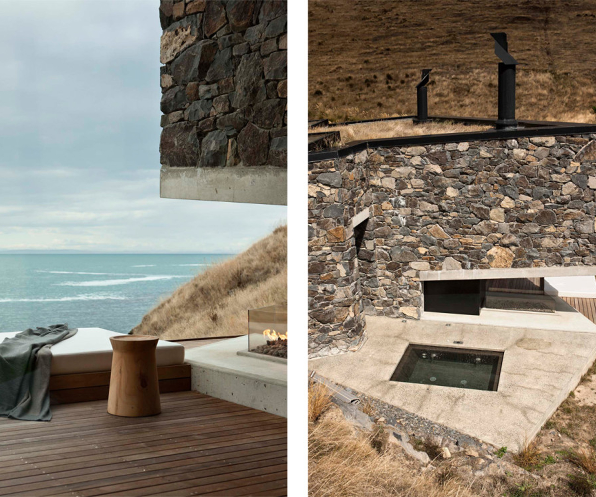 The view from the small deck (left), which has a gas fireplace. A small spa pool (right) is located in the terrace off the bathroom. 