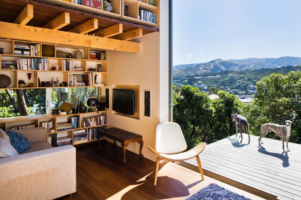 The home's view out over the valley of Island Bay. Simpson and Peebles share the home with their two whippets, Ben and Flynn. Photograph by Paul McCredie. 