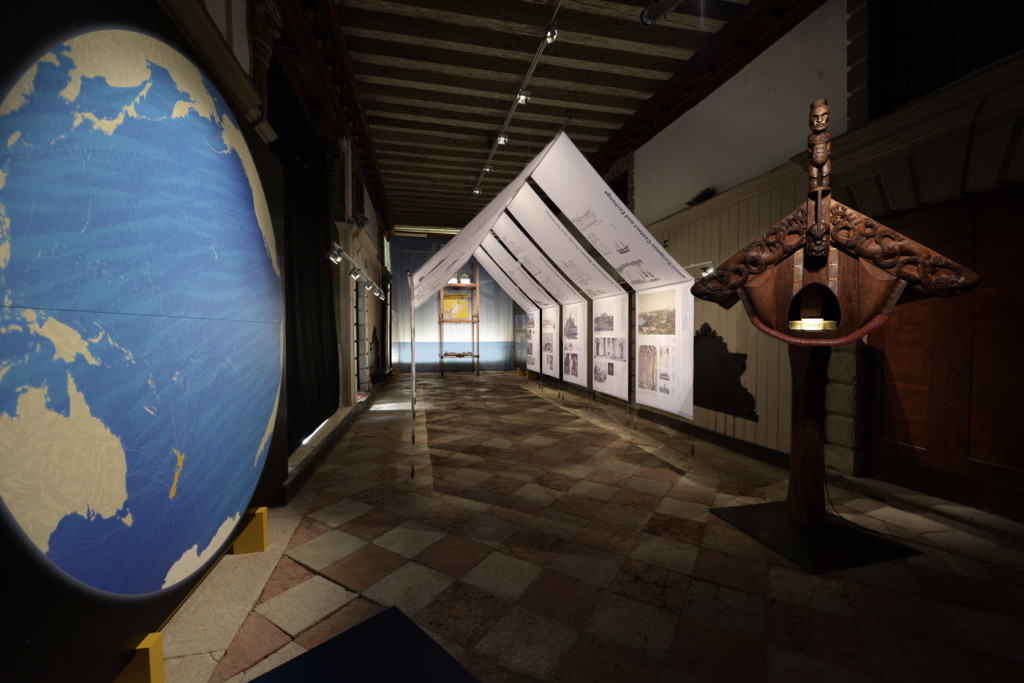 The exhibition featured a work (left) by Kim Meek that showed New Zealand's place in the Pacific, while the exhibition itself was presented in printed panels on a white, tent-like structure. Photograph by John Gollings. 