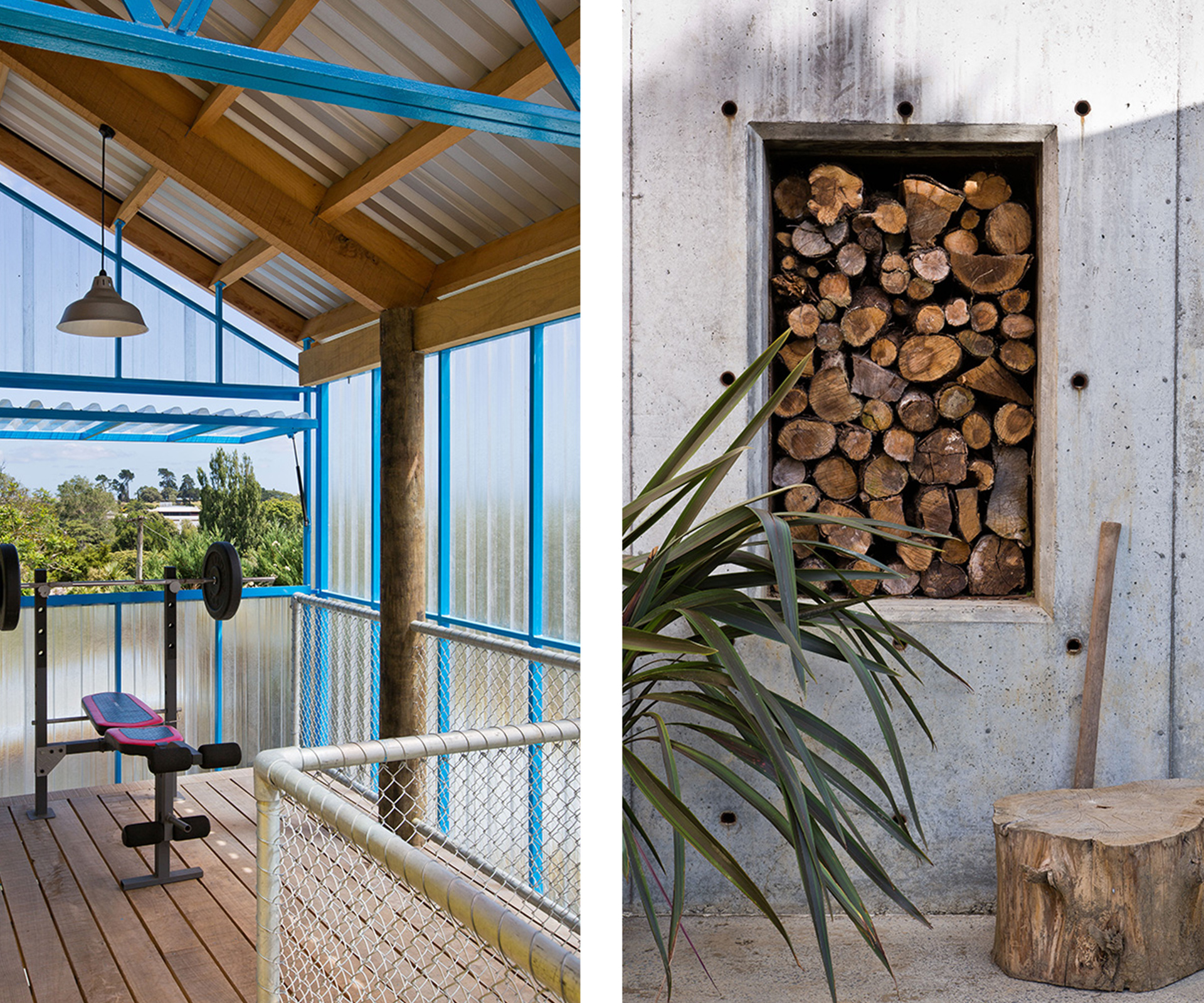 Firewood fits neatly in the storage built into a concrete wall situated to the west of the house (right).