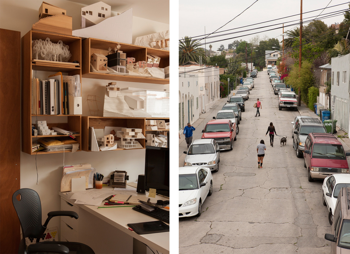 Architectural models in architect Simon Storey's home studio (left) and the view down the street from his living room (right). Photographs by Simon Devitt.