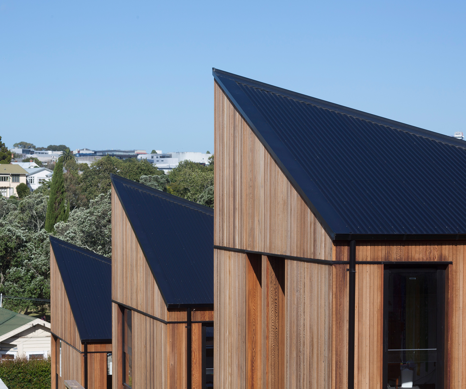 The home is made up of three connected two-storey pavilions that step down the narrow site. Photograph by Patrick Reynolds.