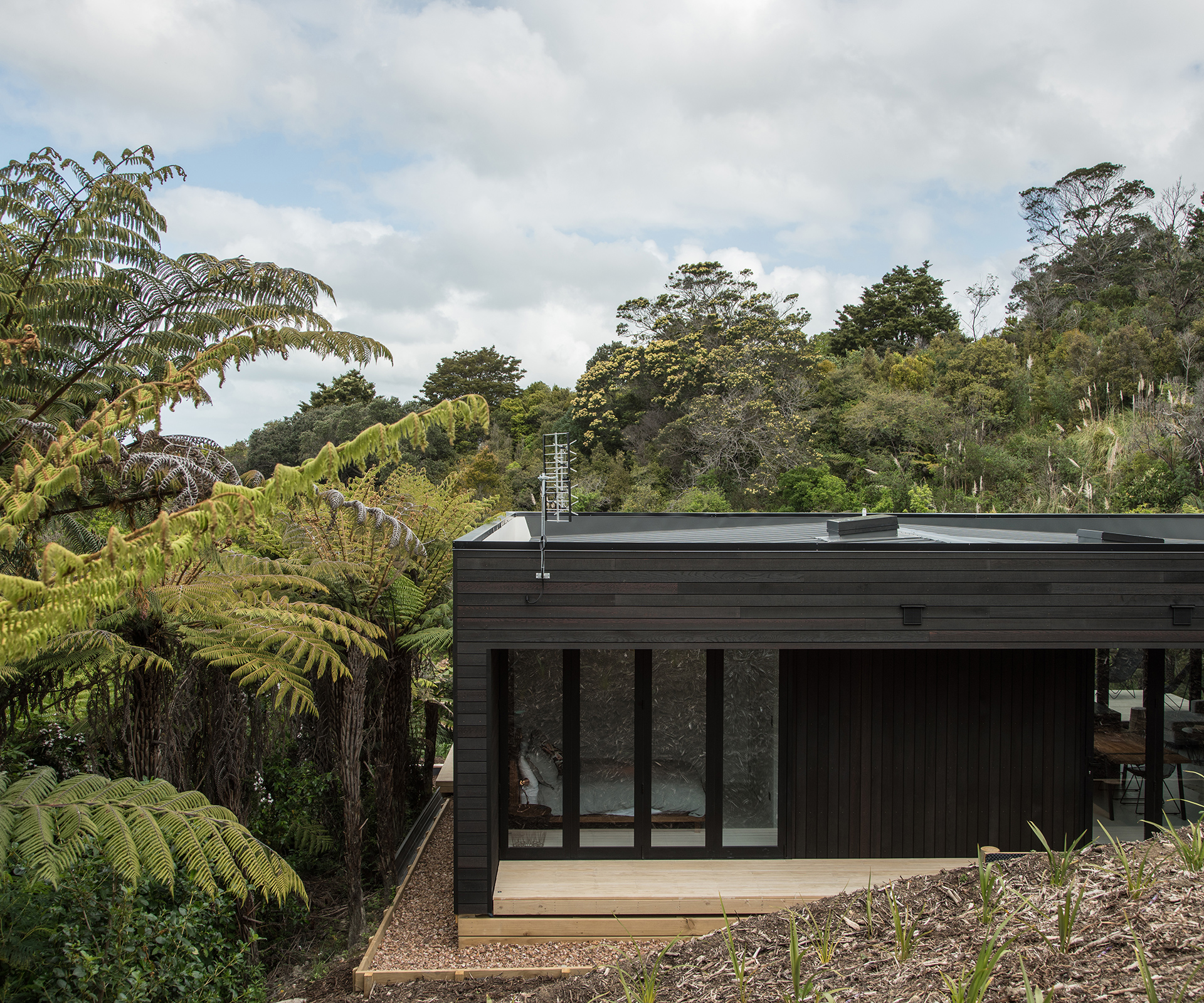 A view of the home from the recently planted garden on the back of the site. Photograph by Jeremy Toth. 