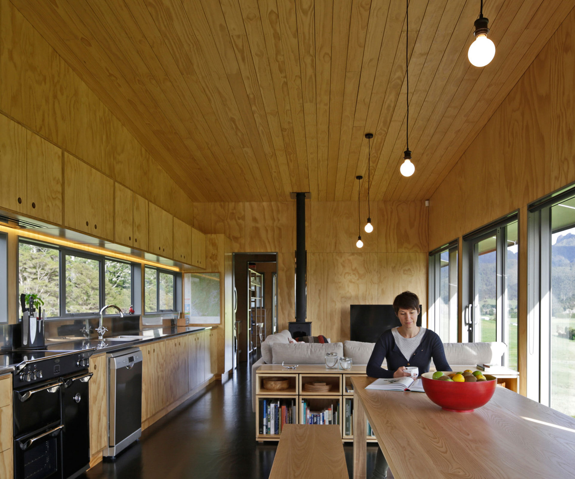 The interior of the holiday home is lined in simple ply. Photograph by Patrick Reynolds
