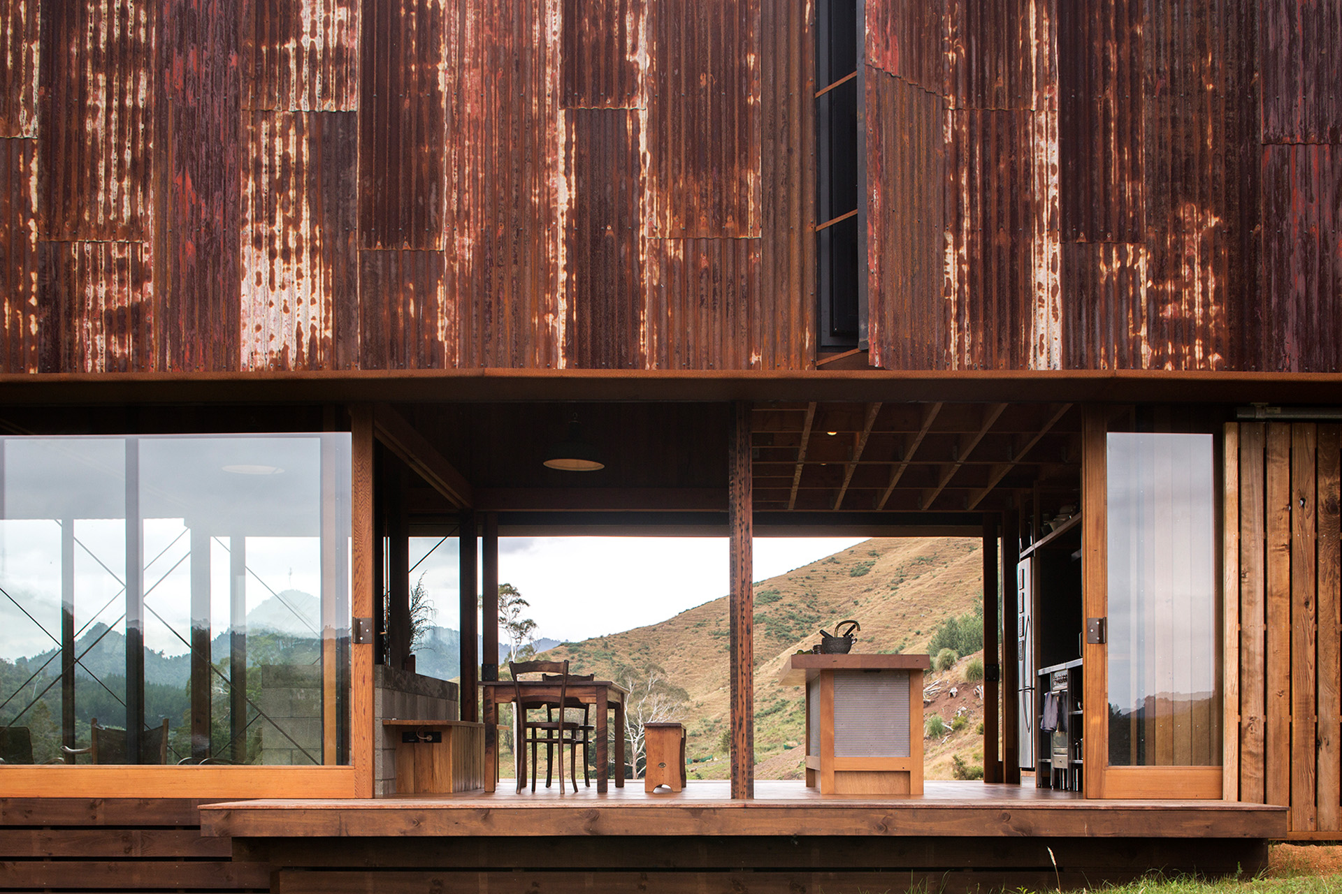 Decks open off both sides of the home's kitchen and dining area.