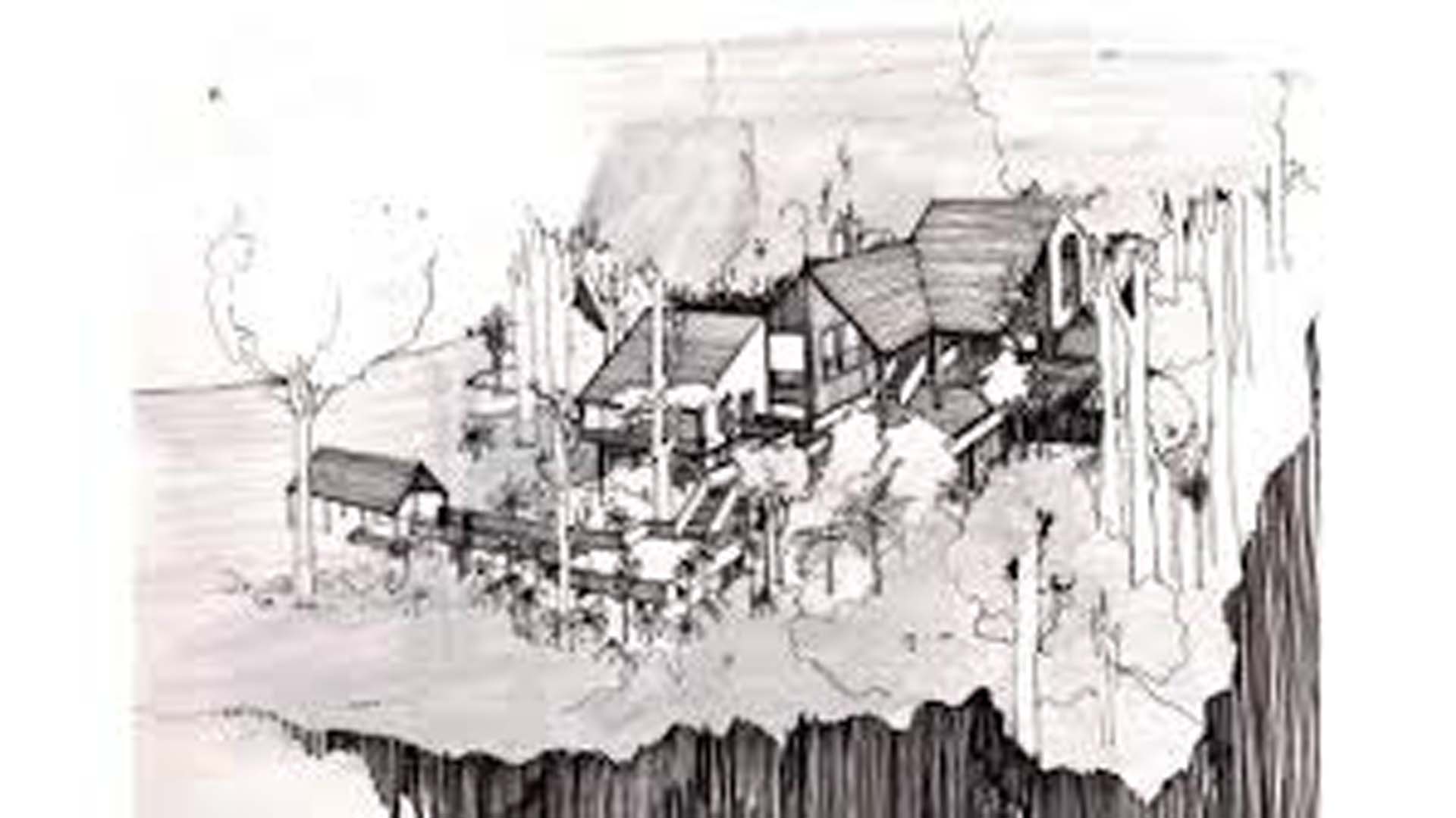 A concept sketch for Aniwaniwa, the Lake Waikaremoana Visitor Centre by John Scott. 