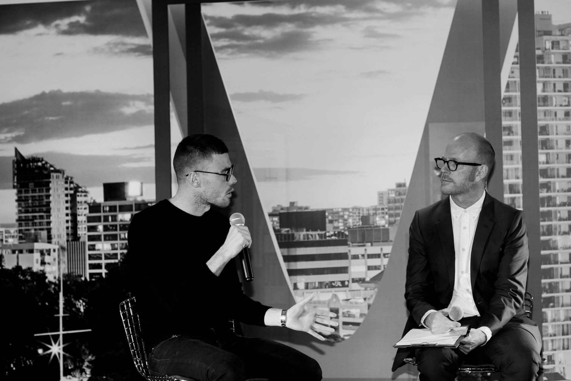 Rufus Knight speaking to HOME editor Jeremy Hansen in The International's show suite. 